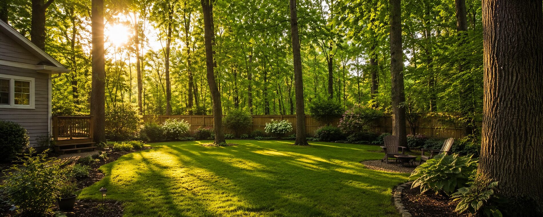 A landscaped backyard shaded by tall mature trees at golden hour